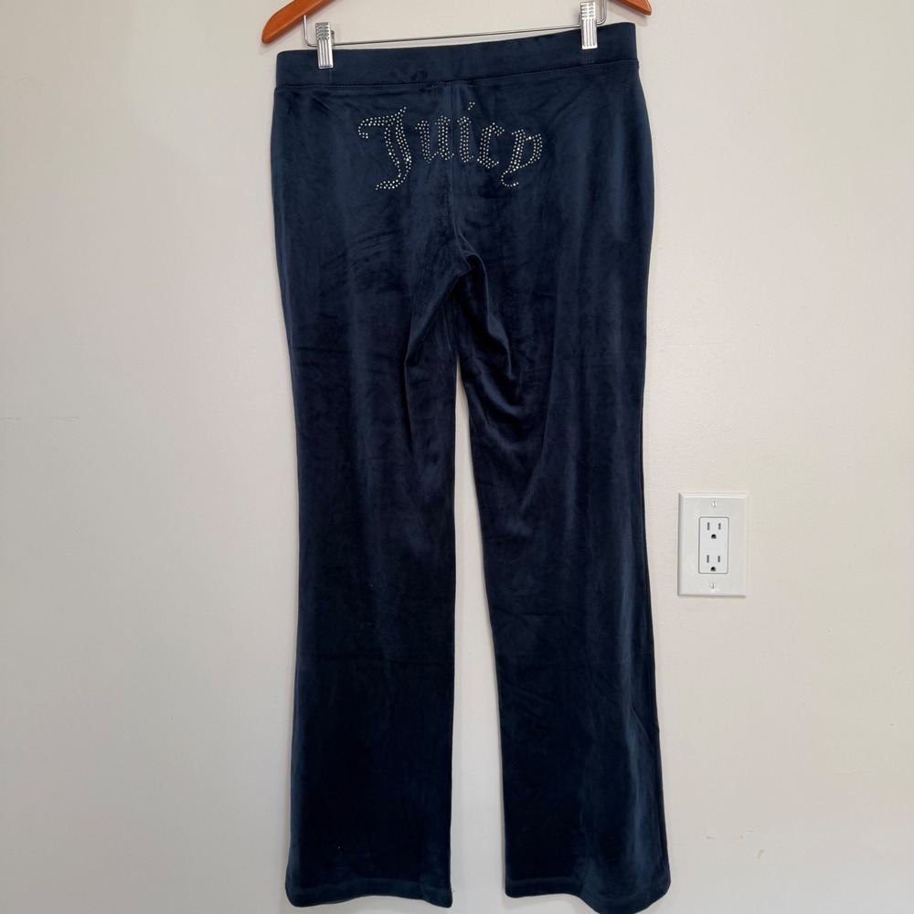Juicy Couture Velour Rhinestone Logo Track Pants Womens Medium Navy Blue Y2K